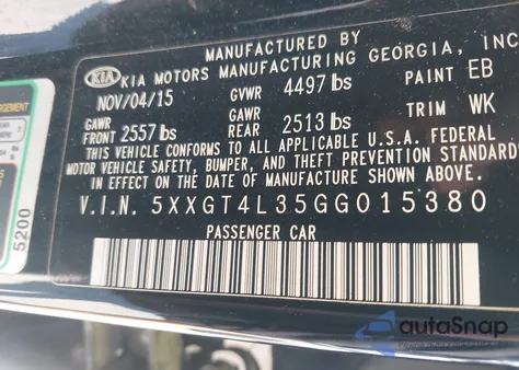 2016 Kia Optima Lx z USA, uszkodzony, nr VIN 5XXGT4L35GG015380